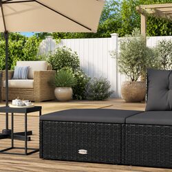 Premium Black Rattan Footstool with Cushion for Outdoors