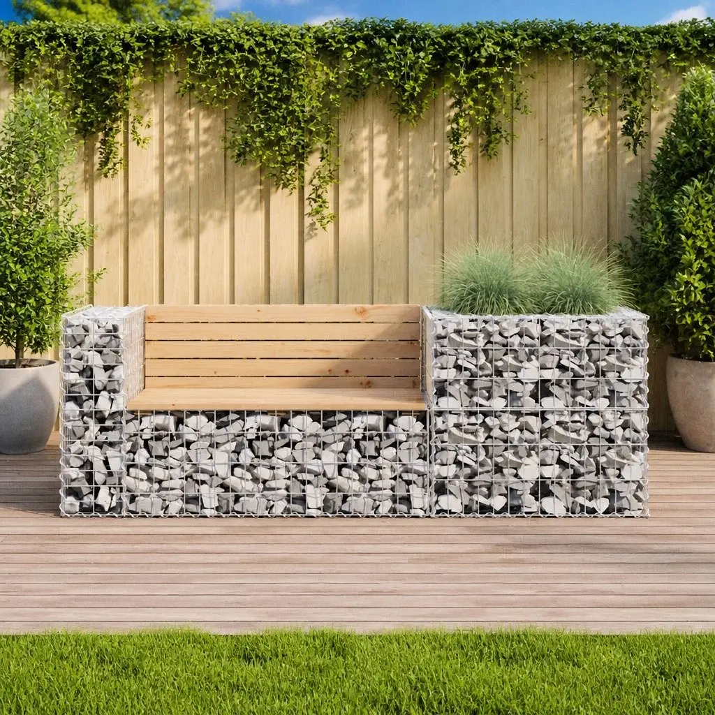 Garden Bench Solid Wood Pine with Galvanised Steel Gabion Basket Base Outdoor