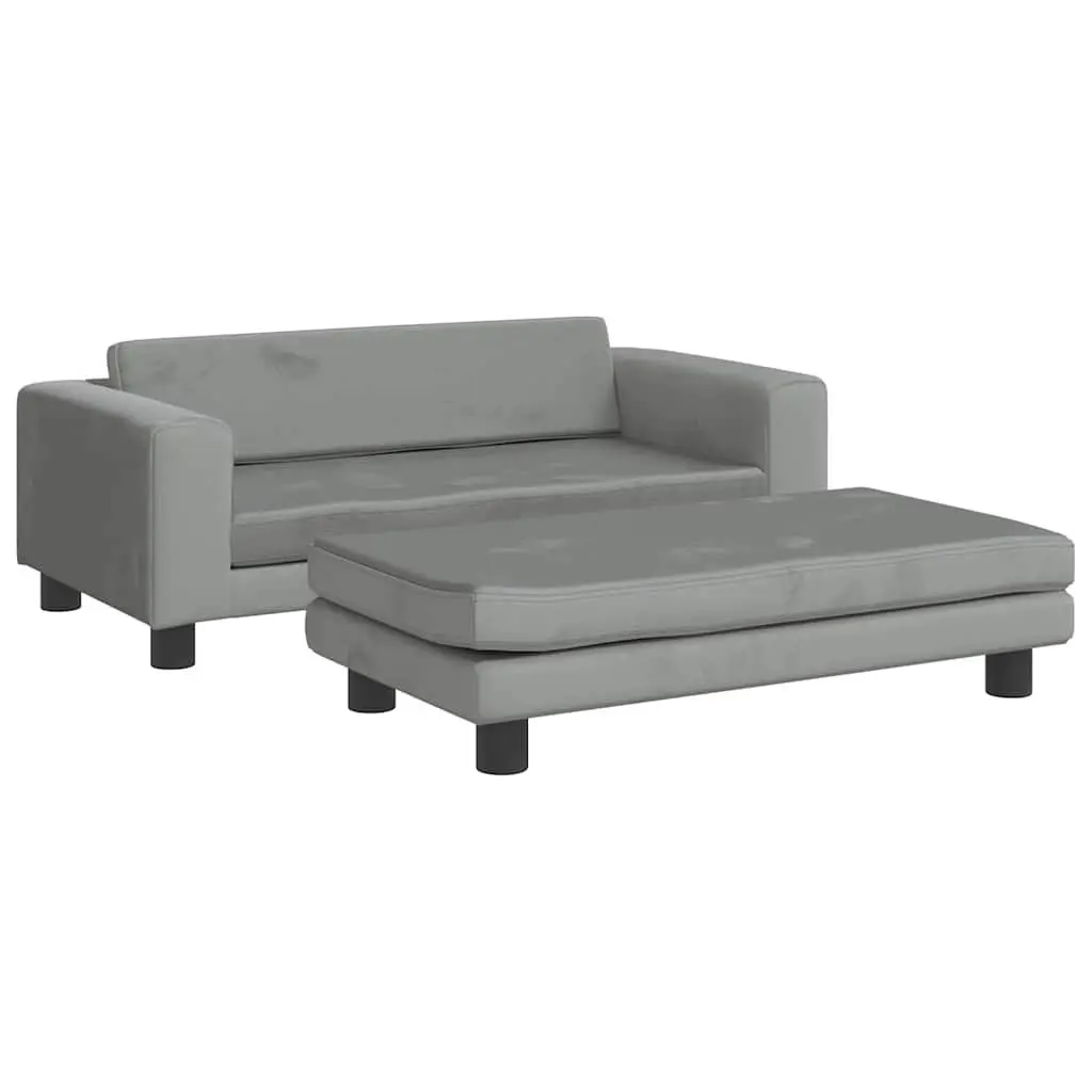Kids Sofa Velvet Light Grey Padded Foam with Footstool Pine Wood Frame