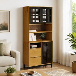 Solid Pine Wood Highboard Storage Cabinet with Glass Doors