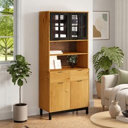 Sturdy Highboard with Glass Doors in Brown Solid Wood