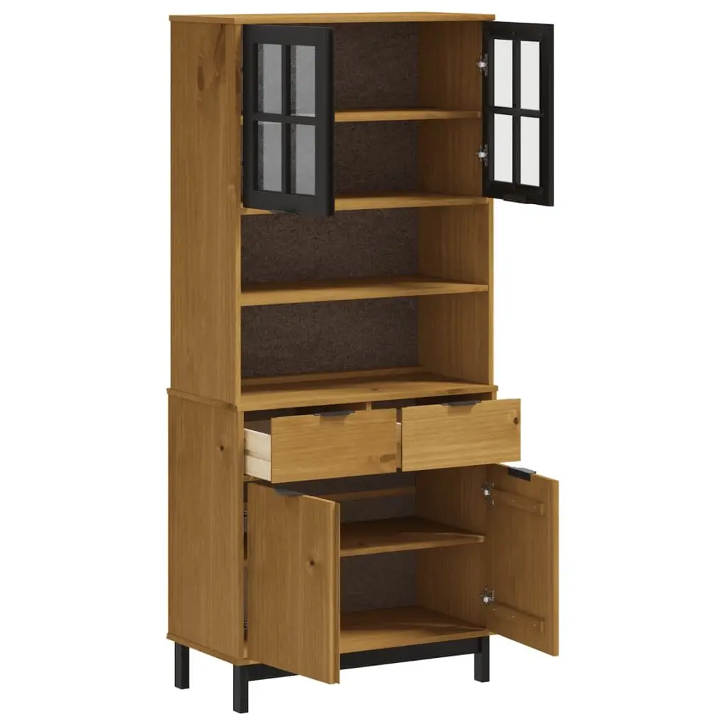 Highboard with Glass Doors in Brown Solid Wood