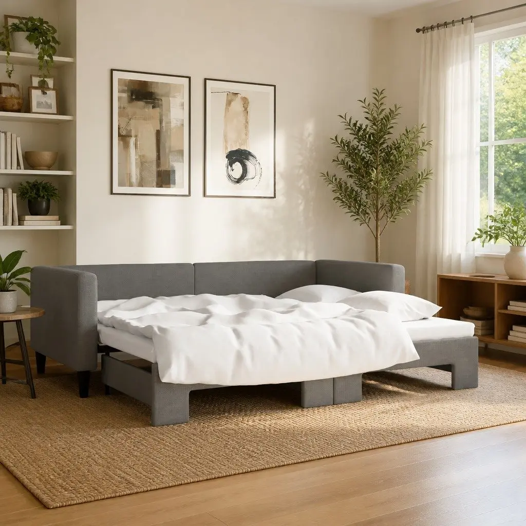 Daybed with Trundle Fabric Wood and Metal 90x190 cm Grey