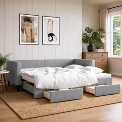Grey Daybed with Trundle and Storage Drawers 90x190cm