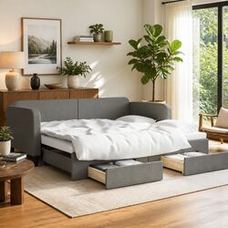 Grey Sofa Bed with Trundle and Storage Drawers