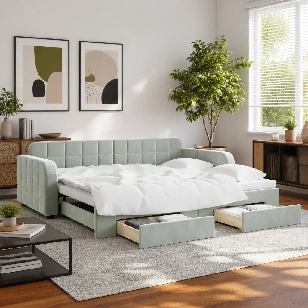 Grey Daybed with Trundle and Storage Drawers