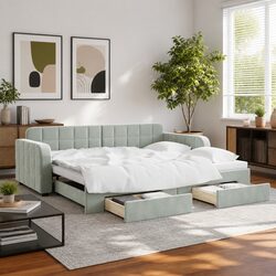 Stylish Grey Daybed with Trundle and Storage Drawers