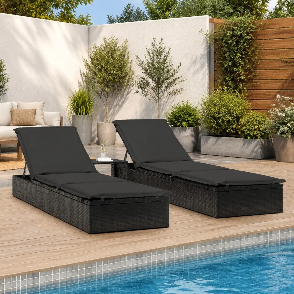 Black Poly Rattan Sun Loungers with Adjustable Table