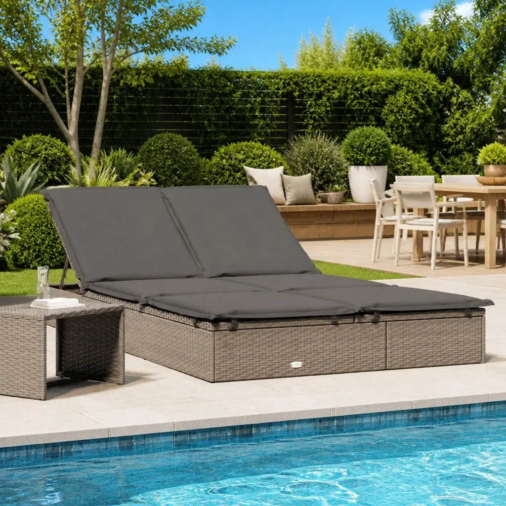 2-Person Sunbed PE Rattan Steel Grey Outdoor Lounger Daybed