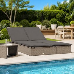 2-Person Sunbed with Cushions Grey Outdoor Sun Lounger Daybed Reclining