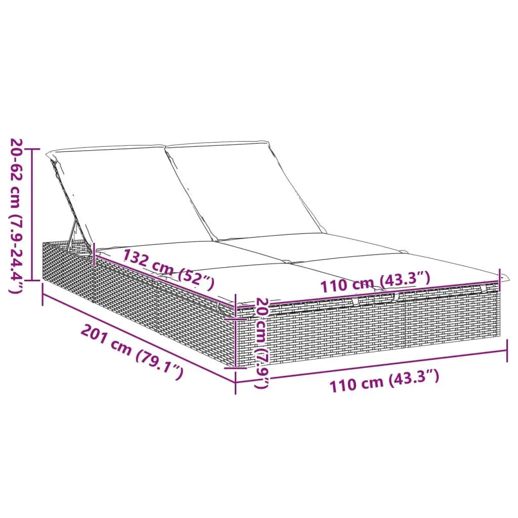 2-Person Sunbed PE Rattan Steel Grey Outdoor Lounger Daybed