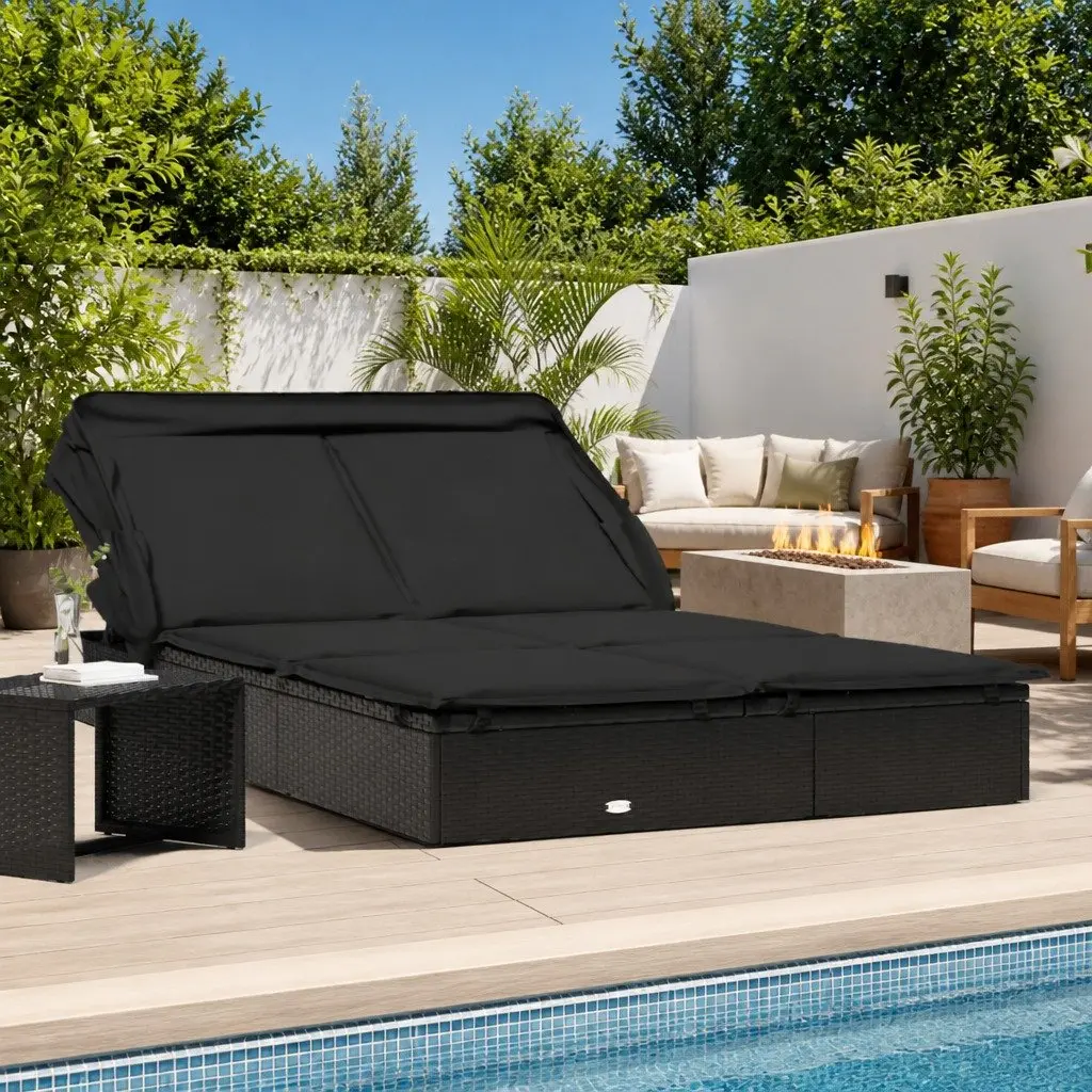 Sun Lounger PE Rattan 213x118x97cm Black 2-Person Foldable Canopy Roof Garden Patio Outdoor Seating