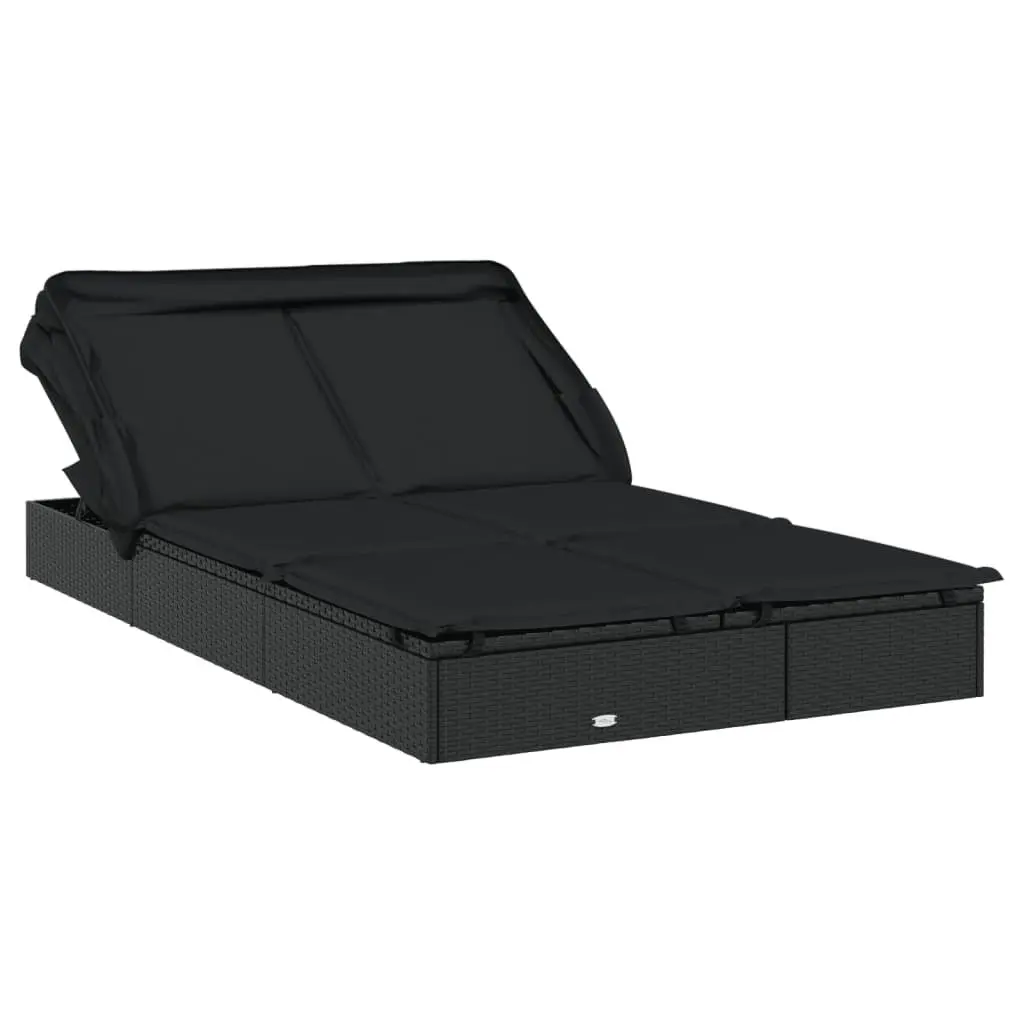 Sun Lounger PE Rattan 213x118x97cm Black 2-Person Foldable Canopy Roof Garden Patio Outdoor Seating