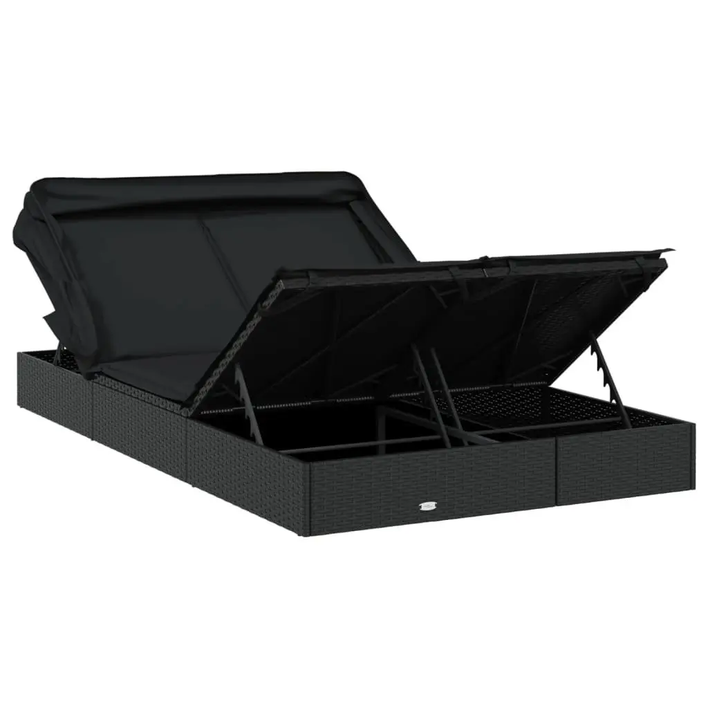 Sun Lounger PE Rattan 213x118x97cm Black 2-Person Foldable Canopy Roof Garden Patio Outdoor Seating