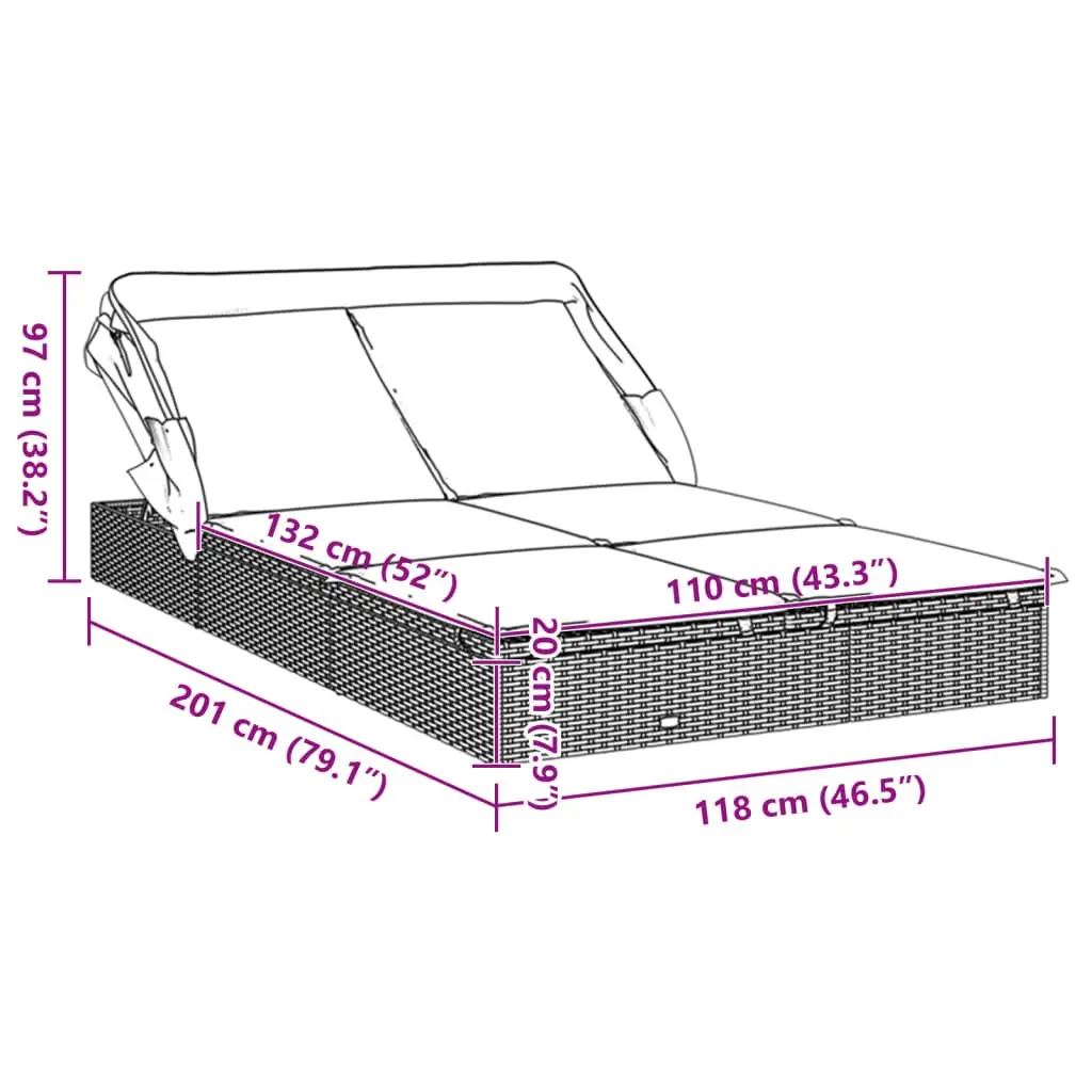 Sun Lounger PE Rattan 213x118x97cm Black 2-Person Foldable Canopy Roof Garden Patio Outdoor Seating