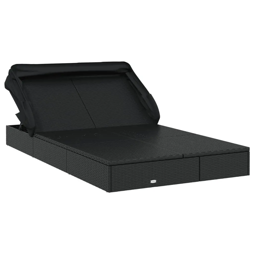 Sun Lounger PE Rattan 213x118x97cm Black 2-Person Foldable Canopy Roof Garden Patio Outdoor Seating