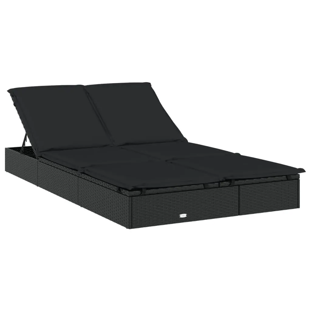 Sun Lounger PE Rattan 213x118x97cm Black 2-Person Foldable Canopy Roof Garden Patio Outdoor Seating