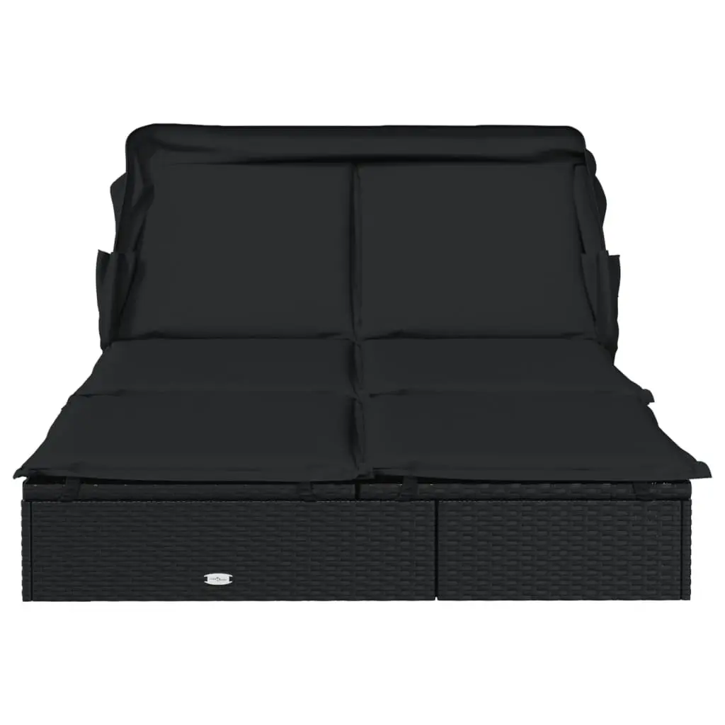 Sun Lounger PE Rattan 213x118x97cm Black 2-Person Foldable Canopy Roof Garden Patio Outdoor Seating