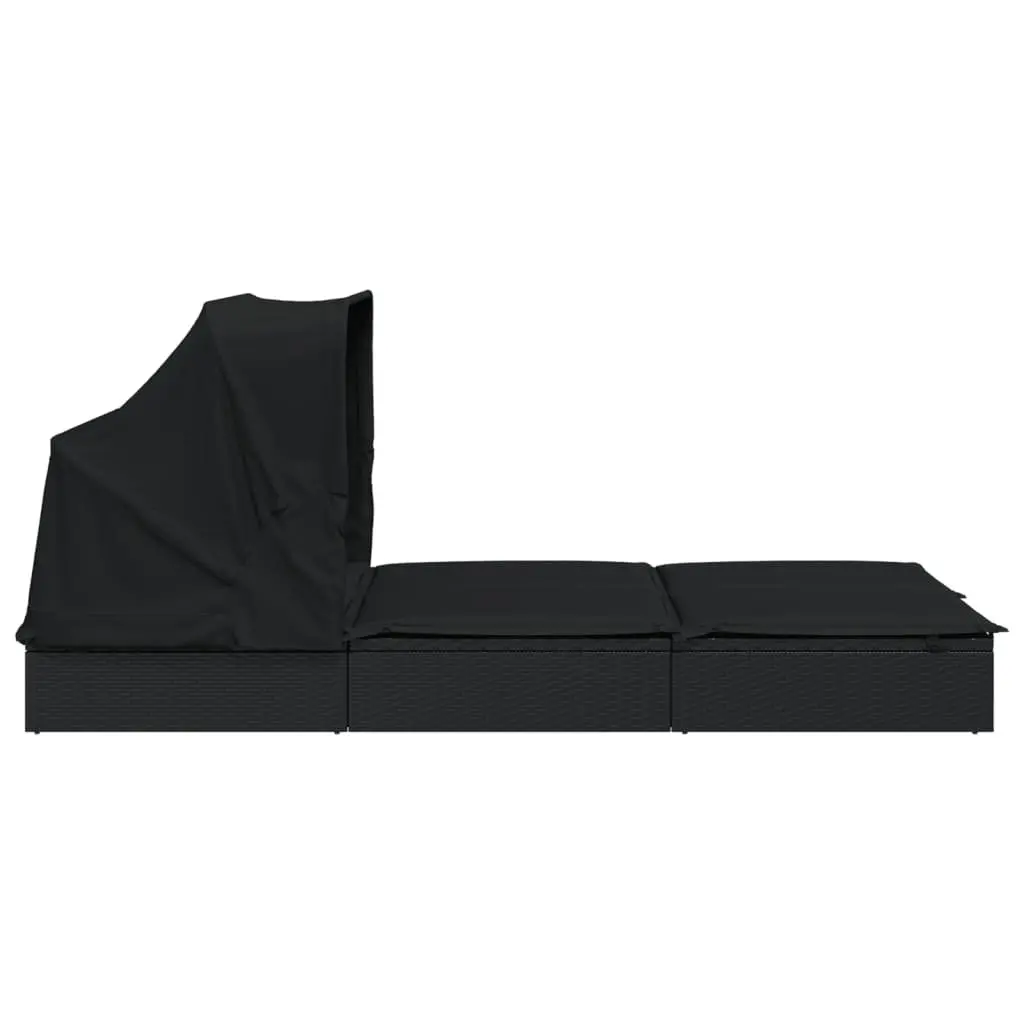 Sun Lounger PE Rattan 213x118x97cm Black 2-Person Foldable Canopy Roof Garden Patio Outdoor Seating