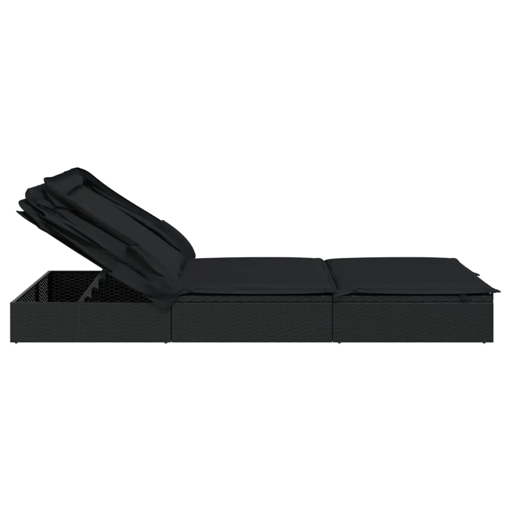 Sun Lounger PE Rattan 213x118x97cm Black 2-Person Foldable Canopy Roof Garden Patio Outdoor Seating