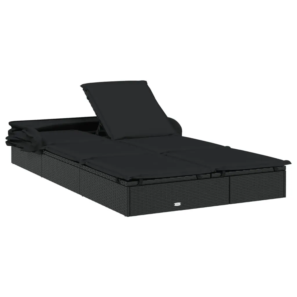 Sun Lounger PE Rattan 213x118x97cm Black 2-Person Foldable Canopy Roof Garden Patio Outdoor Seating