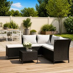 Black Poly Rattan 4 Piece Garden Lounge Set with Cushions