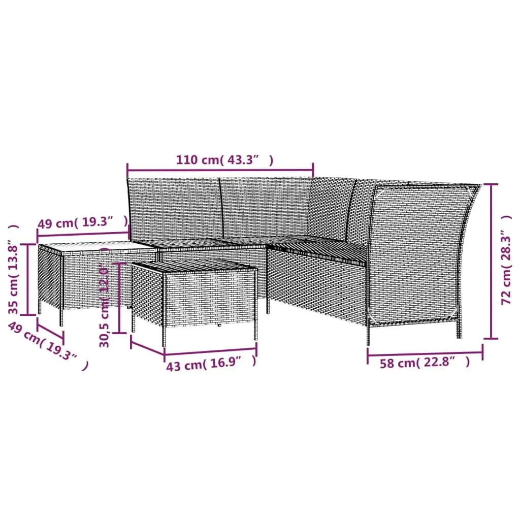 4 Piece Outdoor Garden Lounge Set Poly Rattan Steel Grey Corner Sofa Cushions Storage