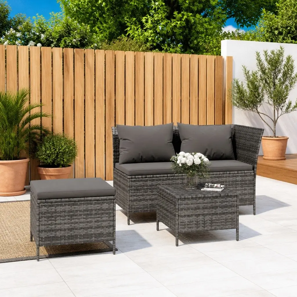 Garden Lounge Set Poly Rattan 3 Piece Grey Outdoor Furniture with Cushions