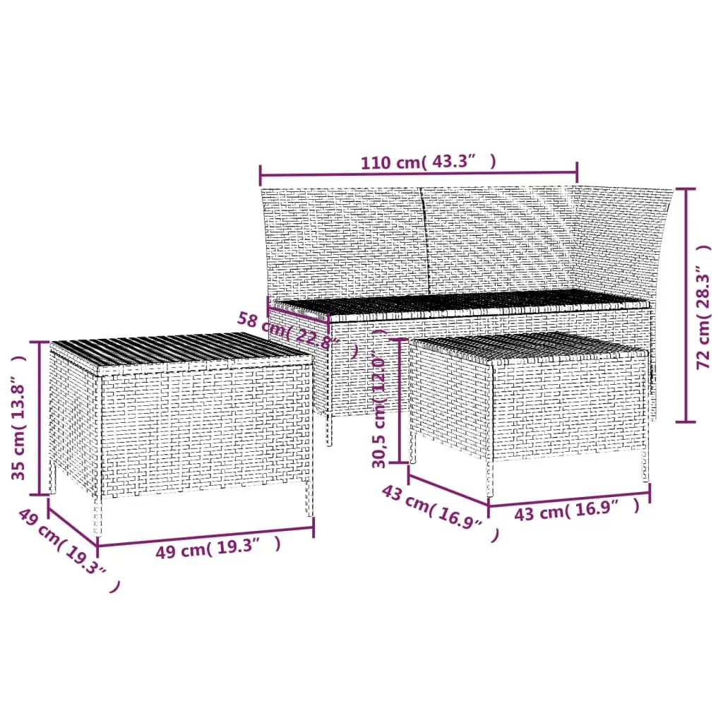 Garden Lounge Set Poly Rattan 3 Piece Grey Outdoor Furniture with Cushions