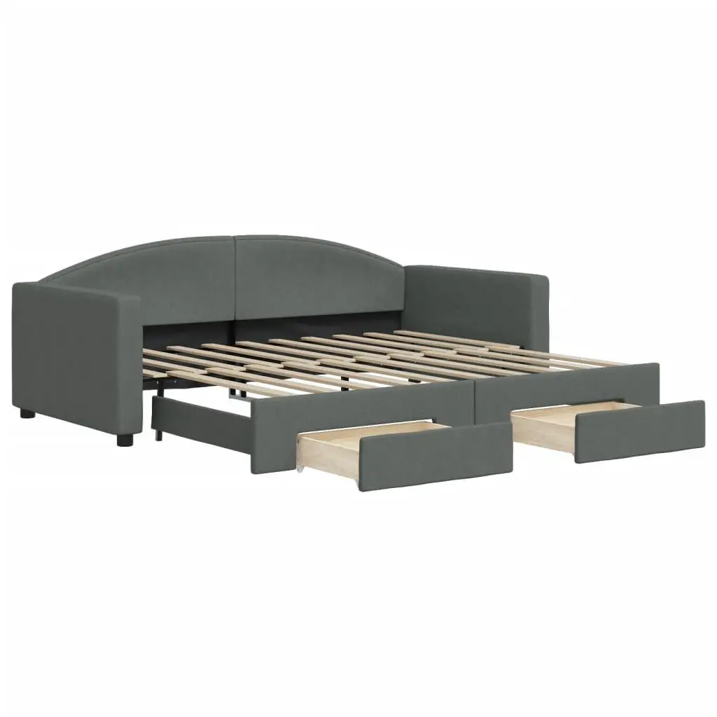 Daybed Fabric Grey 90 x 190 cm Wood and Metal with Trundle and Storage Drawers
