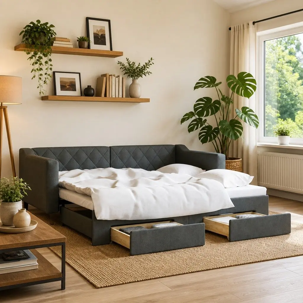 Daybed with Trundle & Storage Drawers in Grey