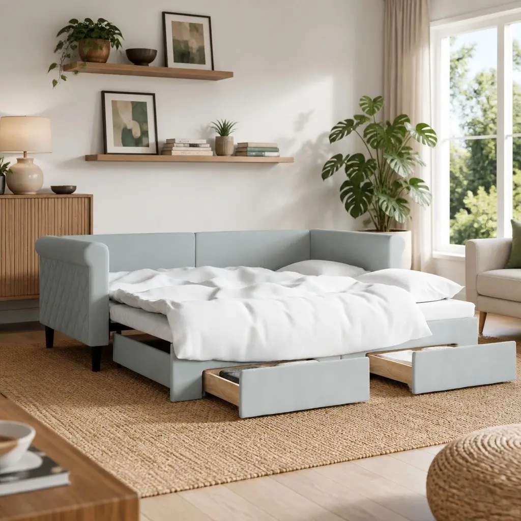 Daybed Velvet Grey 90x190 cm with Trundle and Storage Drawers