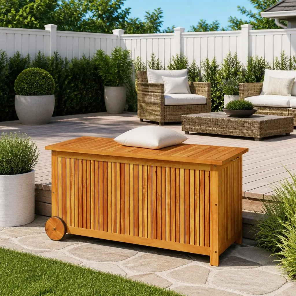 Outdoor Solid Wood Storage Box with Wheels 113x50x58cm