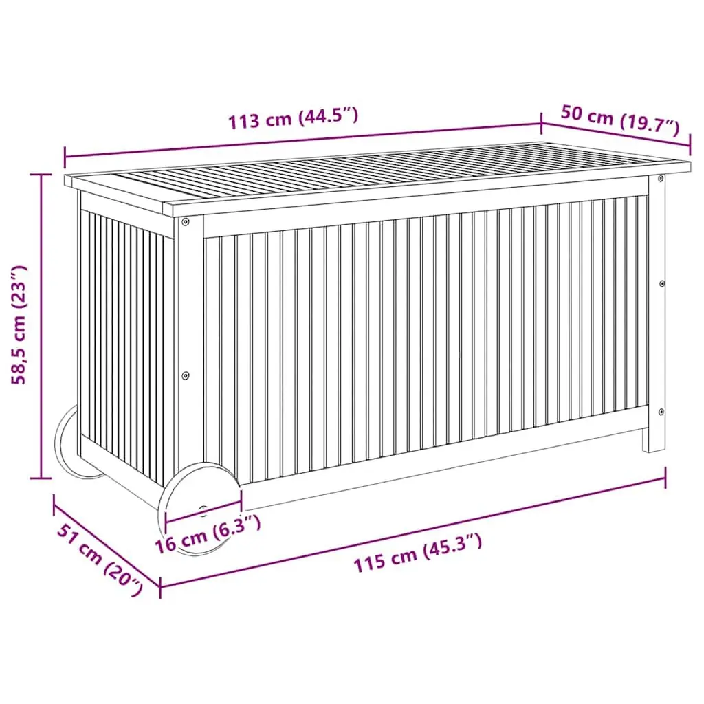 Outdoor Solid Wood Storage Box with Wheels 113x50x58cm