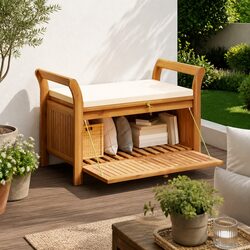 91cm Solid Acacia Wood Garden Storage Bench with Cushion