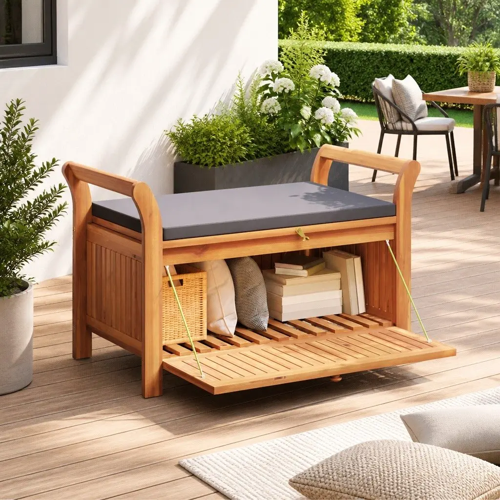 Solid Wood Garden Storage Bench 91cm with Cushion