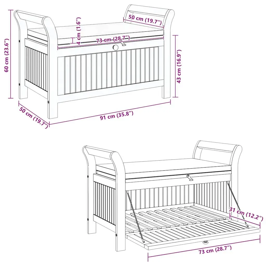 Solid Wood Garden Storage Bench 91cm with Cushion