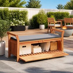 Wooden Garden Storage Bench with Cushion and Curved Arms