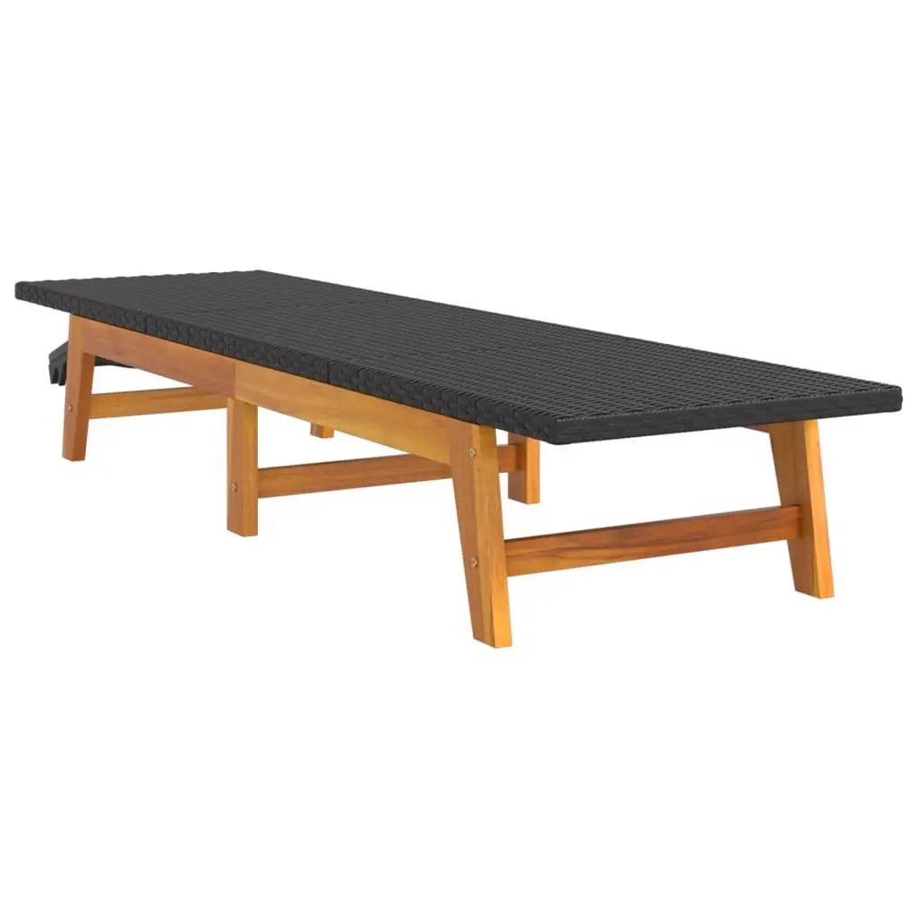 Sun Lounger PE Rattan Solid Acacia Wood Adjustable Black