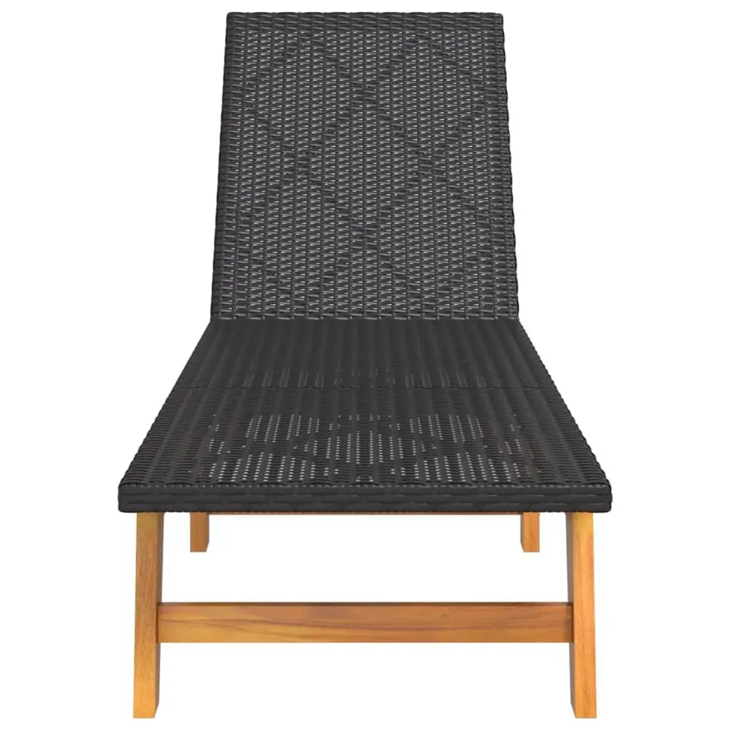 Sun Lounger PE Rattan Solid Acacia Wood Adjustable Black