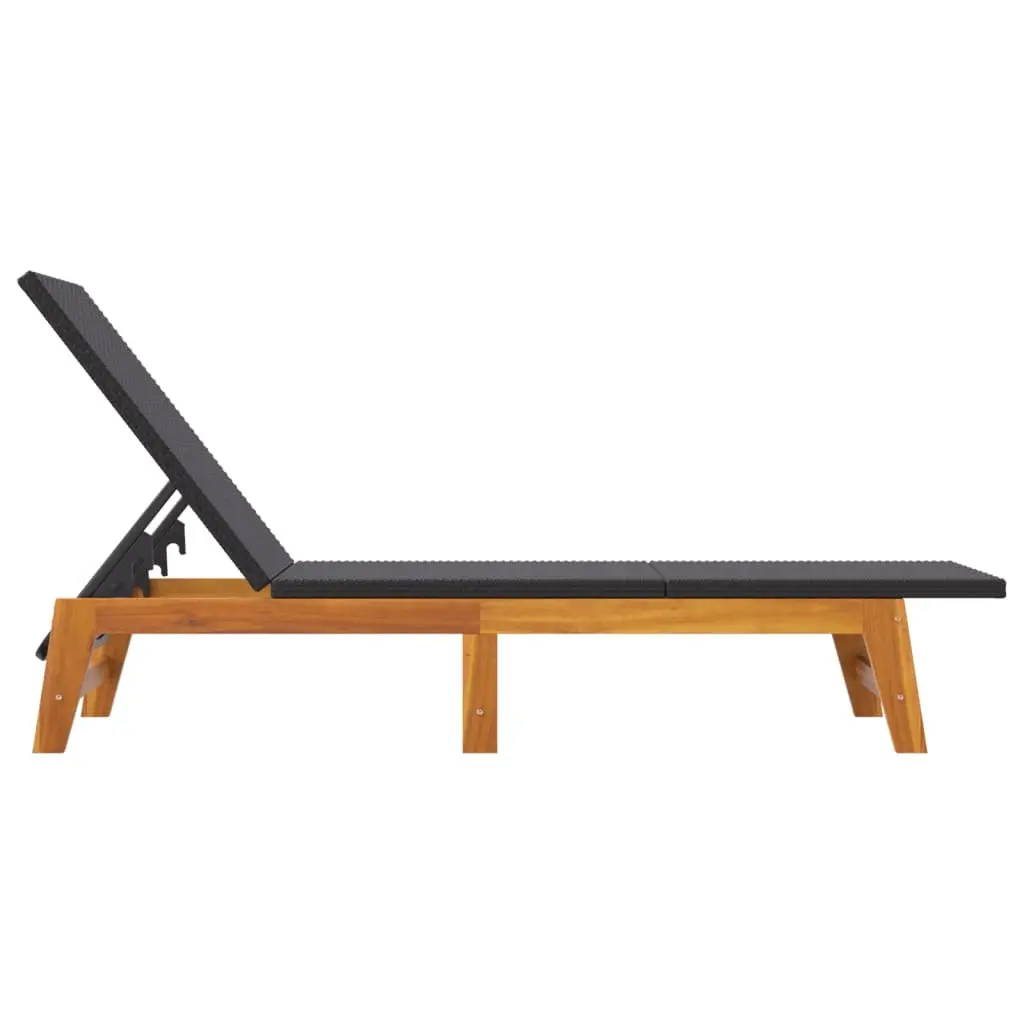 Sun Lounger PE Rattan Solid Acacia Wood Adjustable Black