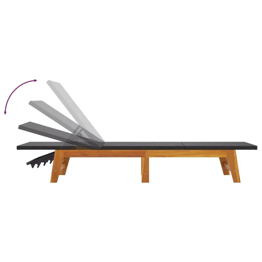 Sun Lounger PE Rattan Solid Acacia Wood Adjustable Black