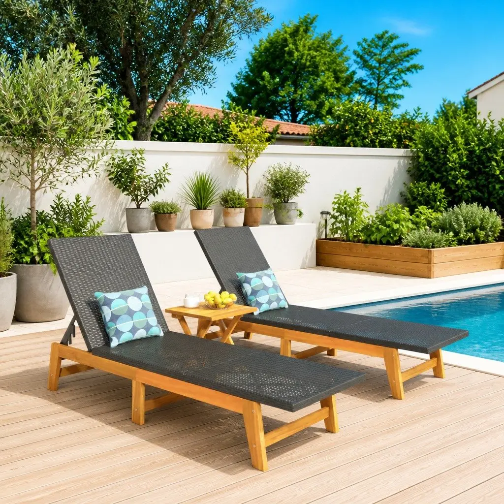 Black Acacia Wood and Rattan Sun Lounger Set