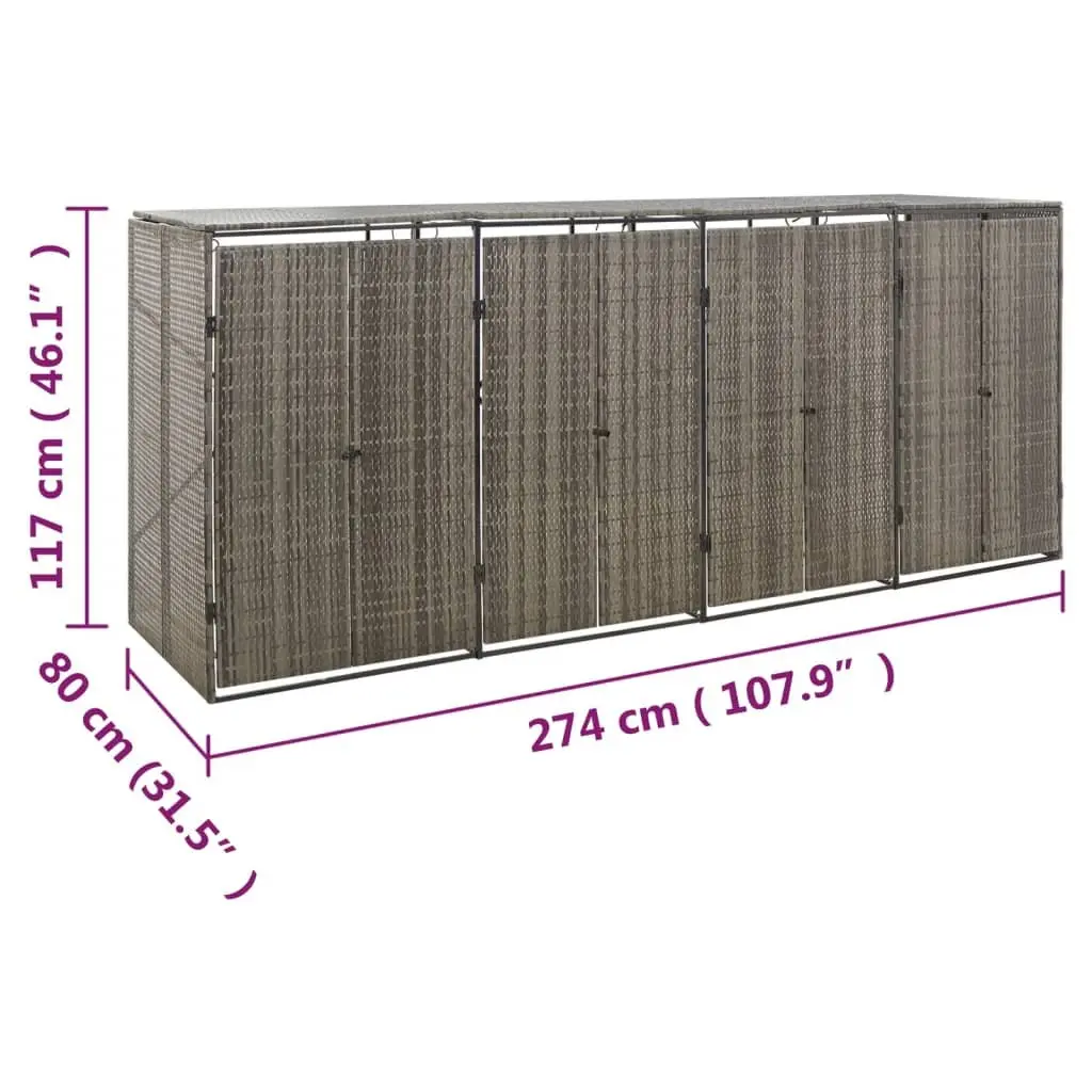 Quadruple Wheelie Bin Shed Poly Rattan 274x80x117cm Grey