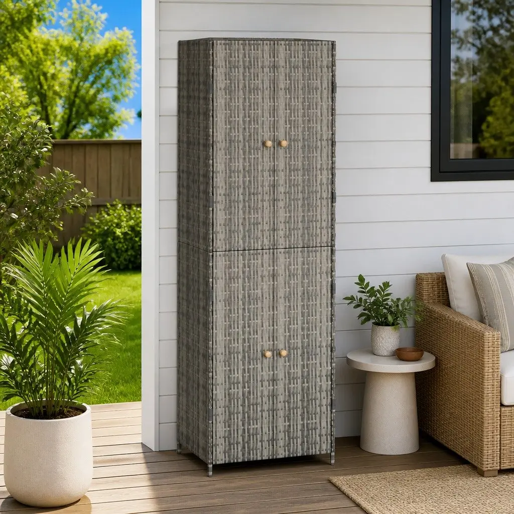 Garden Storage Cabinet Poly Rattan 59W x 40D x 180H cm Grey