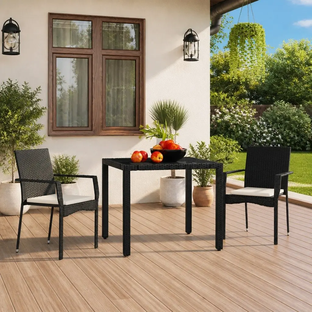 Black Poly Rattan Outdoor Chairs Set of 2 with Cushions