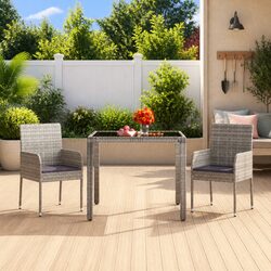 Durable Grey Poly Rattan Garden Table with Glass Top