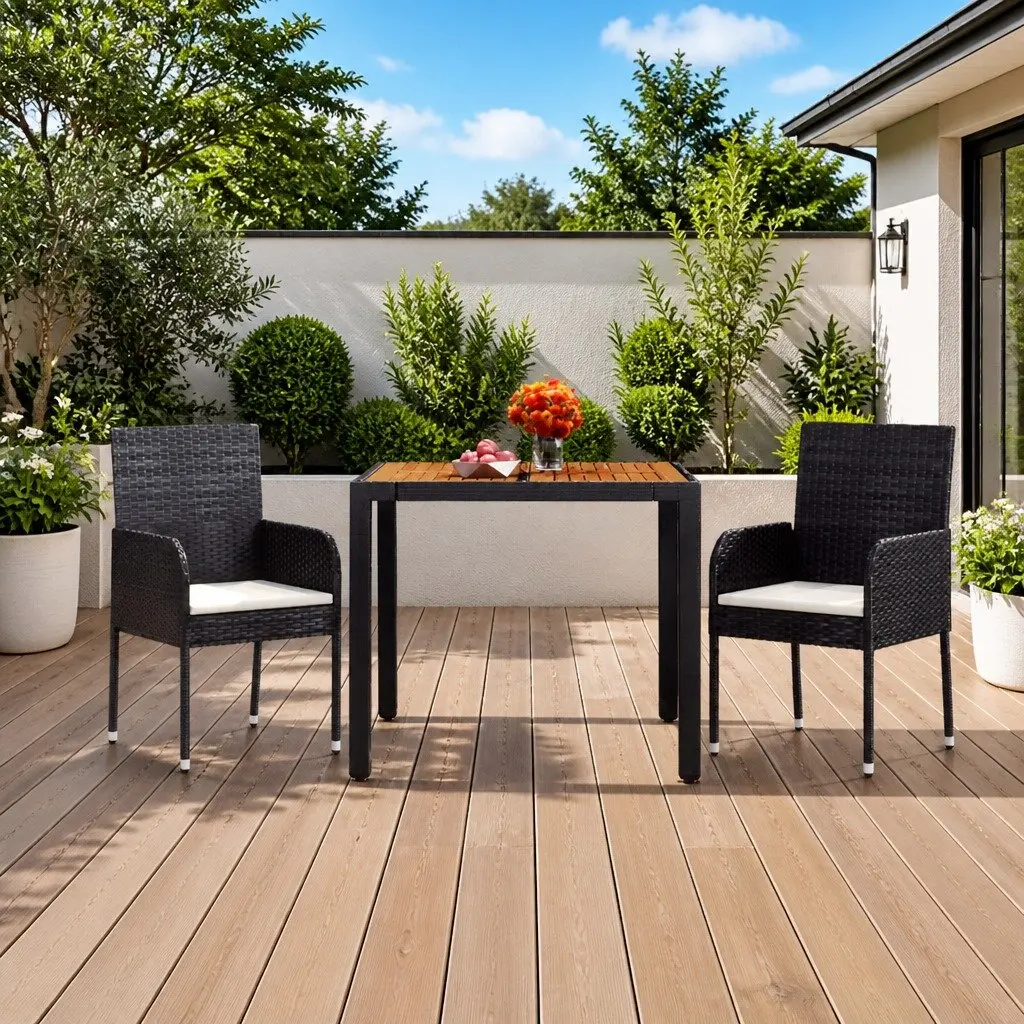 Garden Table Poly Rattan Black Solid Acacia Wood Top 90 x 90 x 75 cm Outdoor Dining Patio Furniture