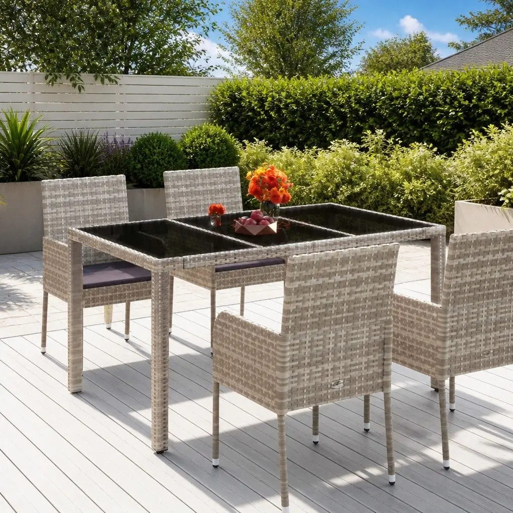 Grey Poly Rattan Garden Table with Tempered Glass Top