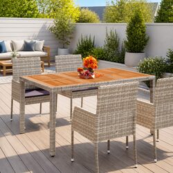 Grey Outdoor Garden Table with Wooden Top and Poly Rattan Base